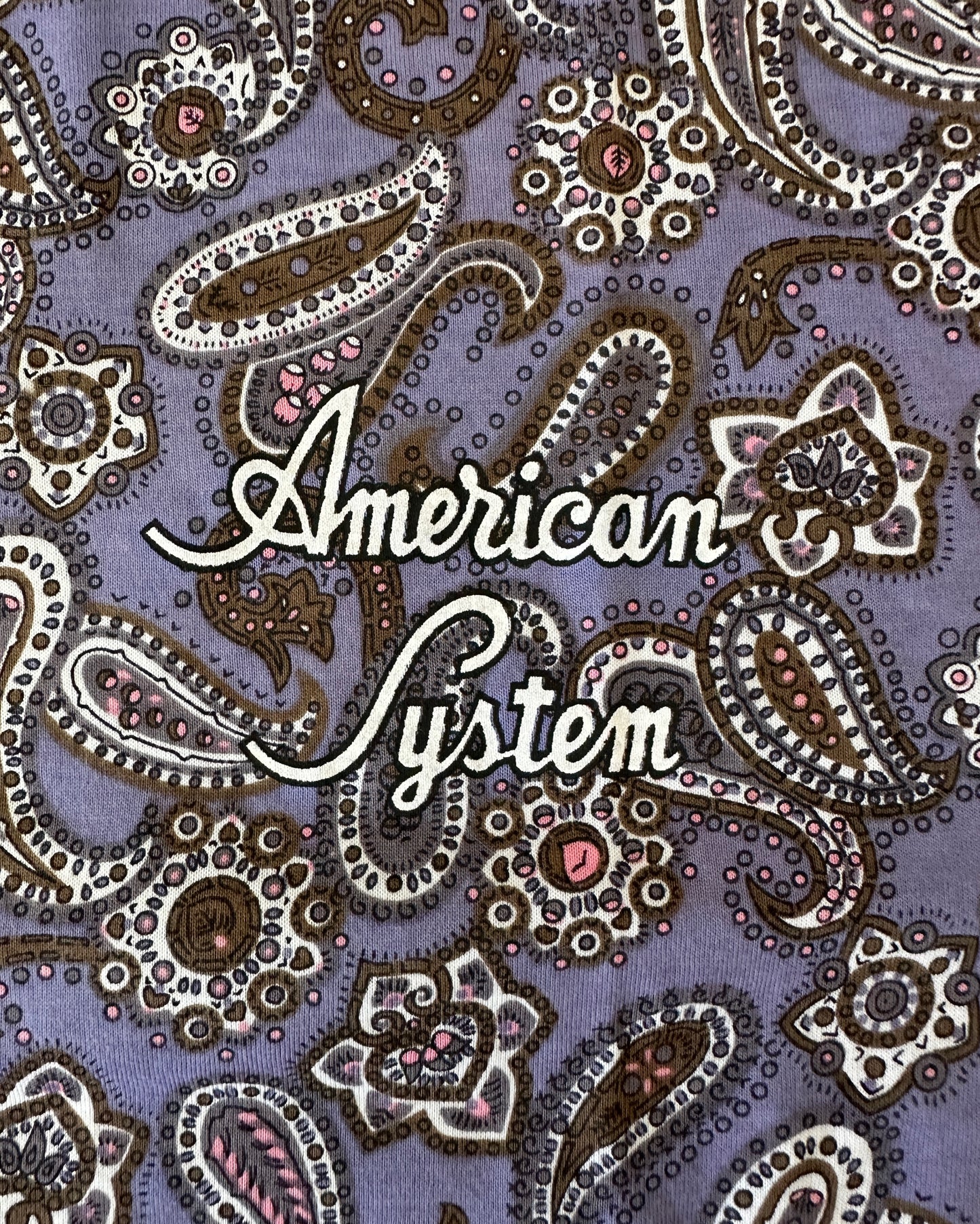 American System Vintage 1987 Purple Paisley Allover Print T-Shirt - L - Made in Italy