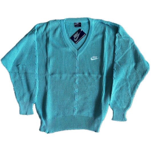 Nike 1986 Vintage Tennis V-Neck Knit Sweater Teal - L - Made in Italy