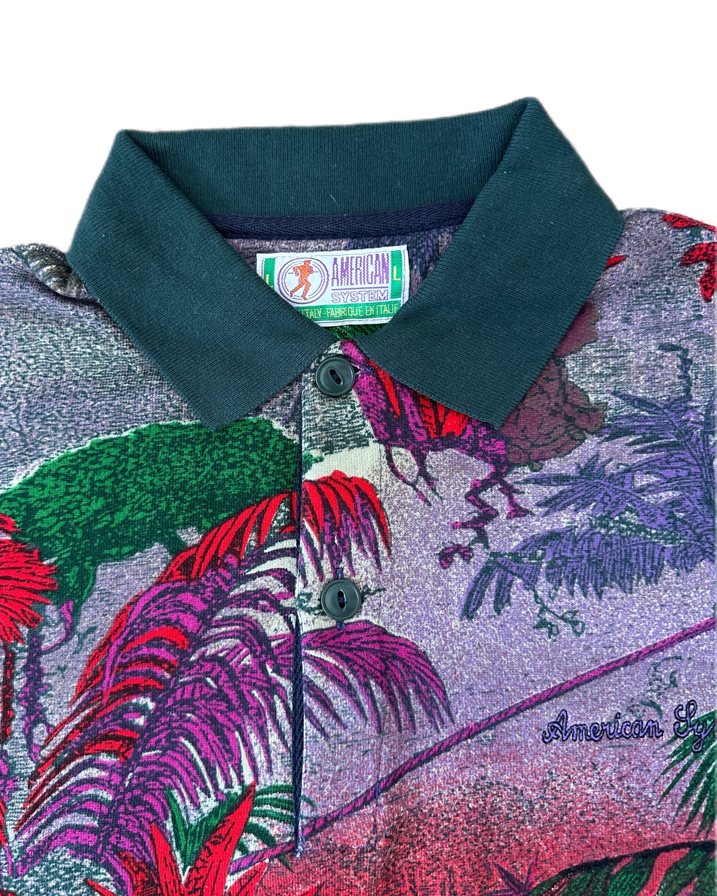 American System Vintage 1987 Floral Allover Print Green Collar Polo Shirt - L - Made in Italy