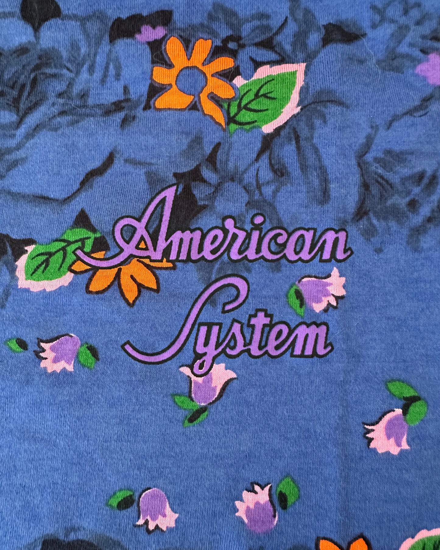 American System 1987 Vintage Navy Floral Allover Print T-Shirt - XL - Made in Italy