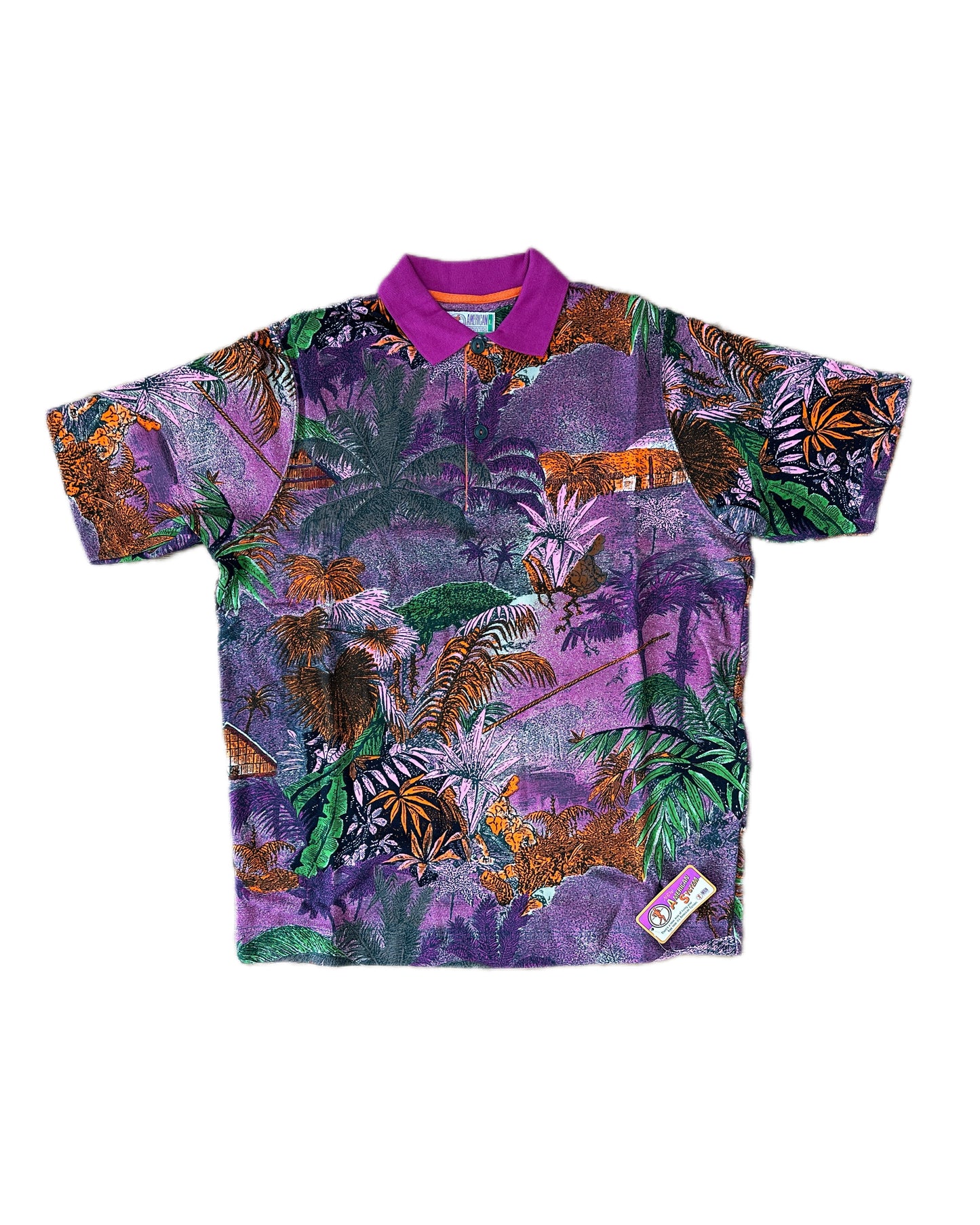 American System Vintage 1987 Floral Allover Print Purple Collar Polo Shirt - L - Made in Italy