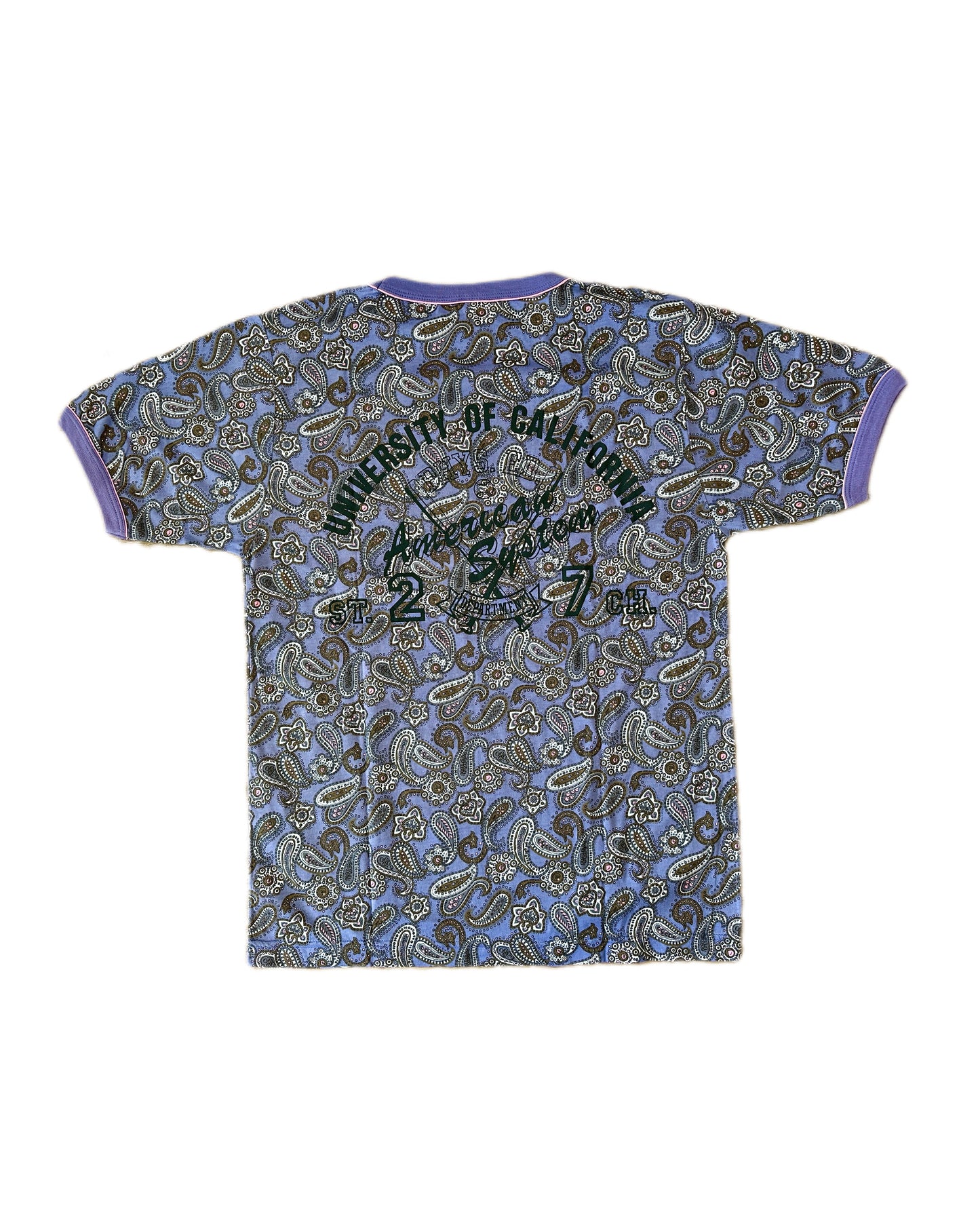 American System Vintage 1987 Purple Paisley Allover Print T-Shirt - L - Made in Italy