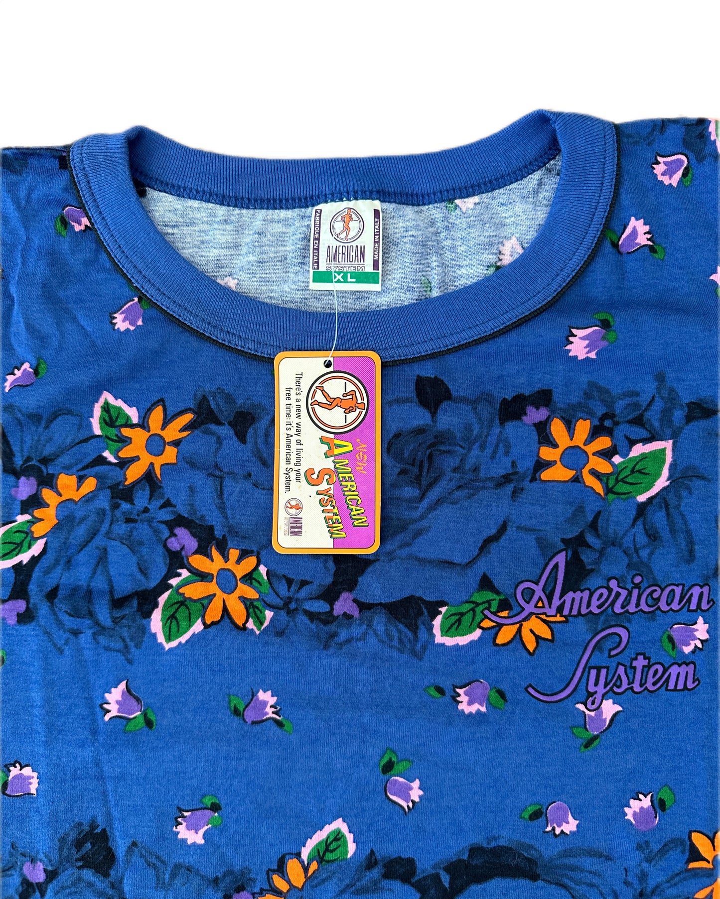 American System 1987 Vintage Navy Floral Allover Print T-Shirt - XL - Made in Italy