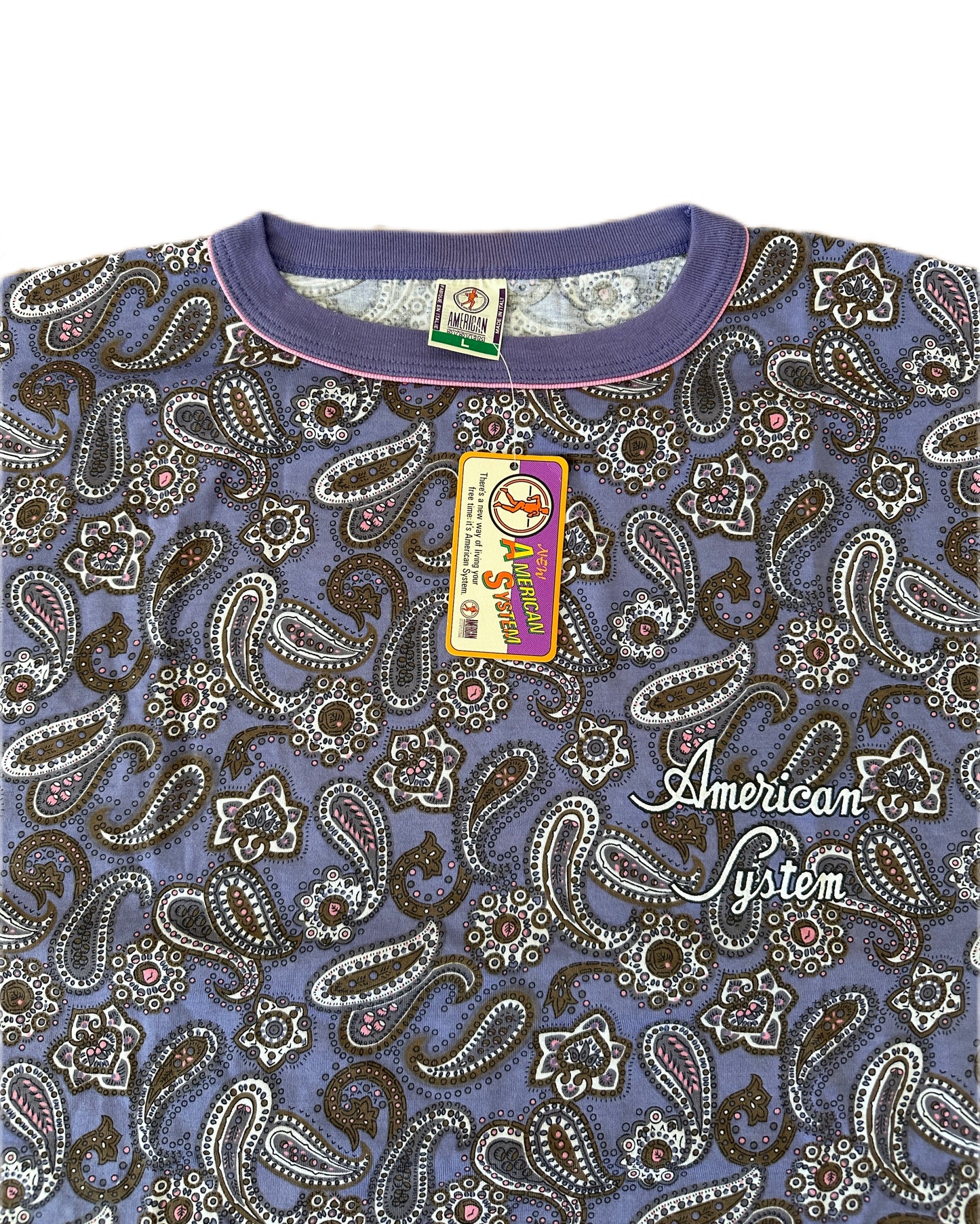 American System Vintage 1987 Purple Paisley Allover Print T-Shirt - L - Made in Italy