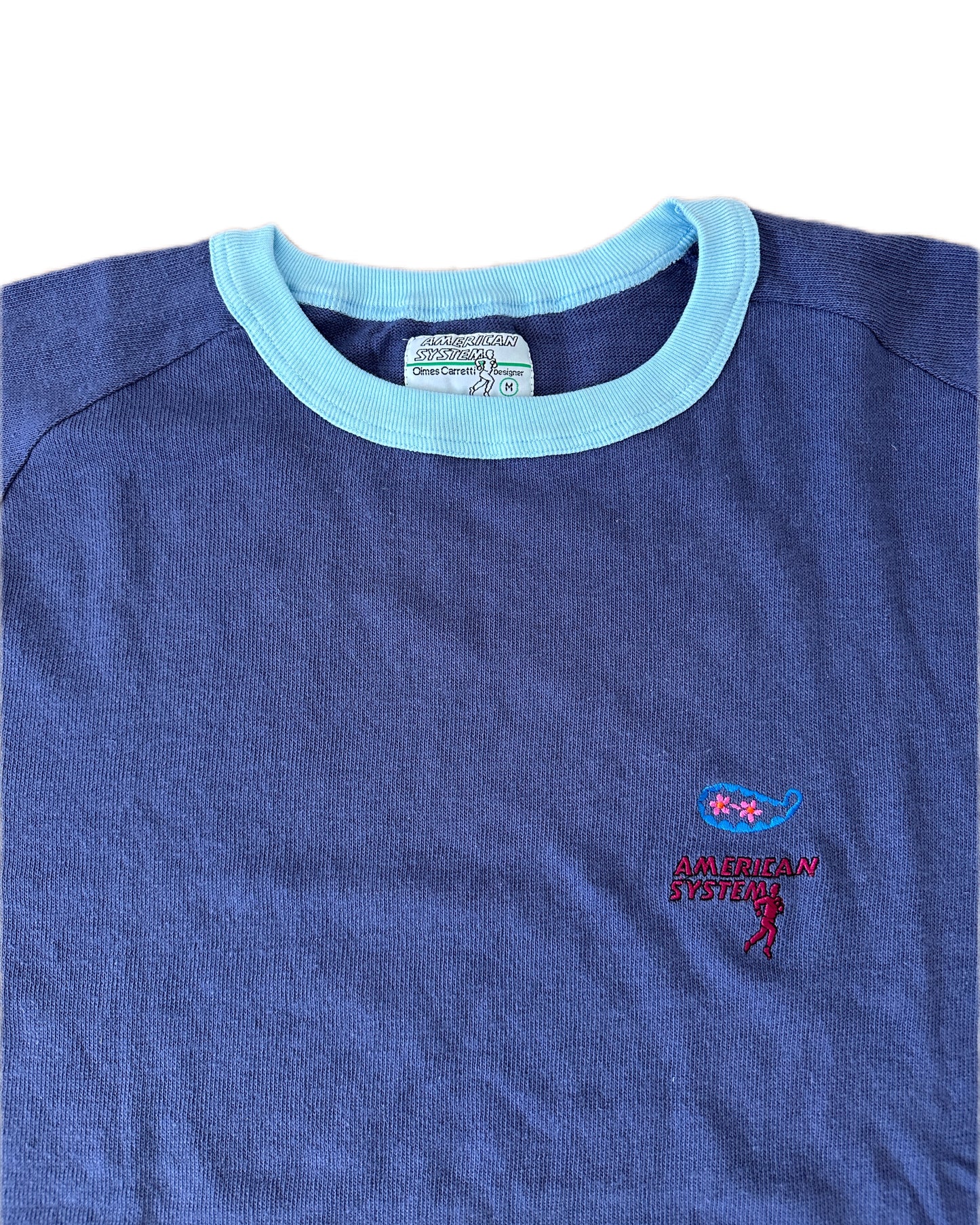 American System 1986 Vintage Midnight Navy Ringer Cotton Knit T-Shirt - M - Made in Italy