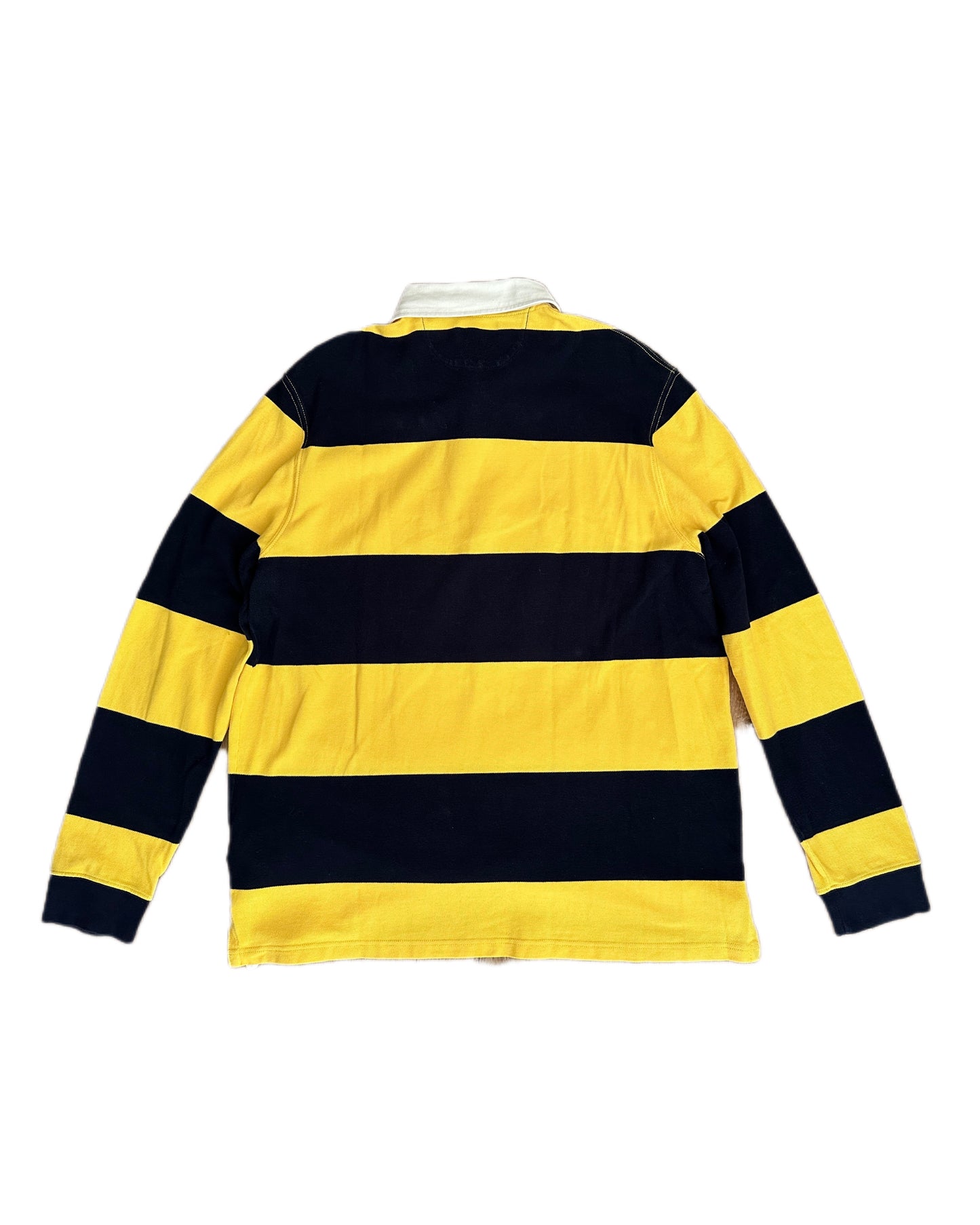 Polo Ralph Lauren 90s Retro Yellow/Navy Cotton Pique Longsleeve Polo Shirt - XL