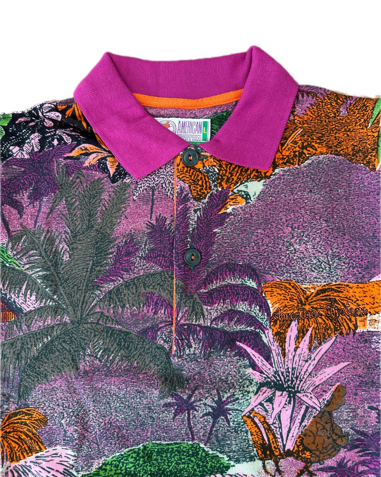 American System Vintage 1987 Floral Allover Print Purple Collar Polo Shirt - L - Made in Italy