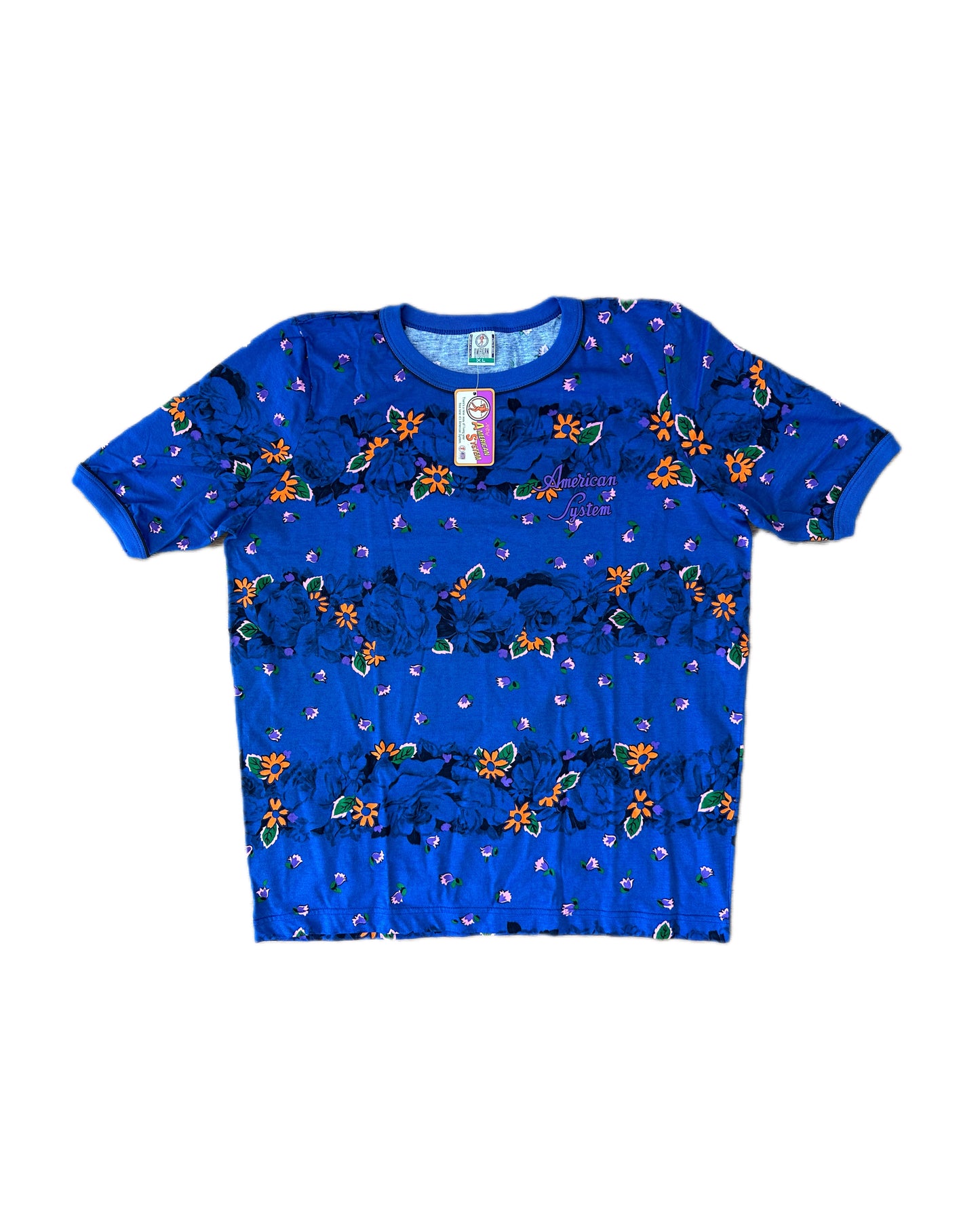 American System 1987 Vintage Navy Floral Allover Print T-Shirt - XL - Made in Italy