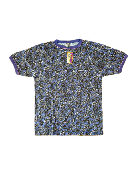 American System Vintage 1987 Purple Paisley Allover Print T-Shirt - L - Made in Italy