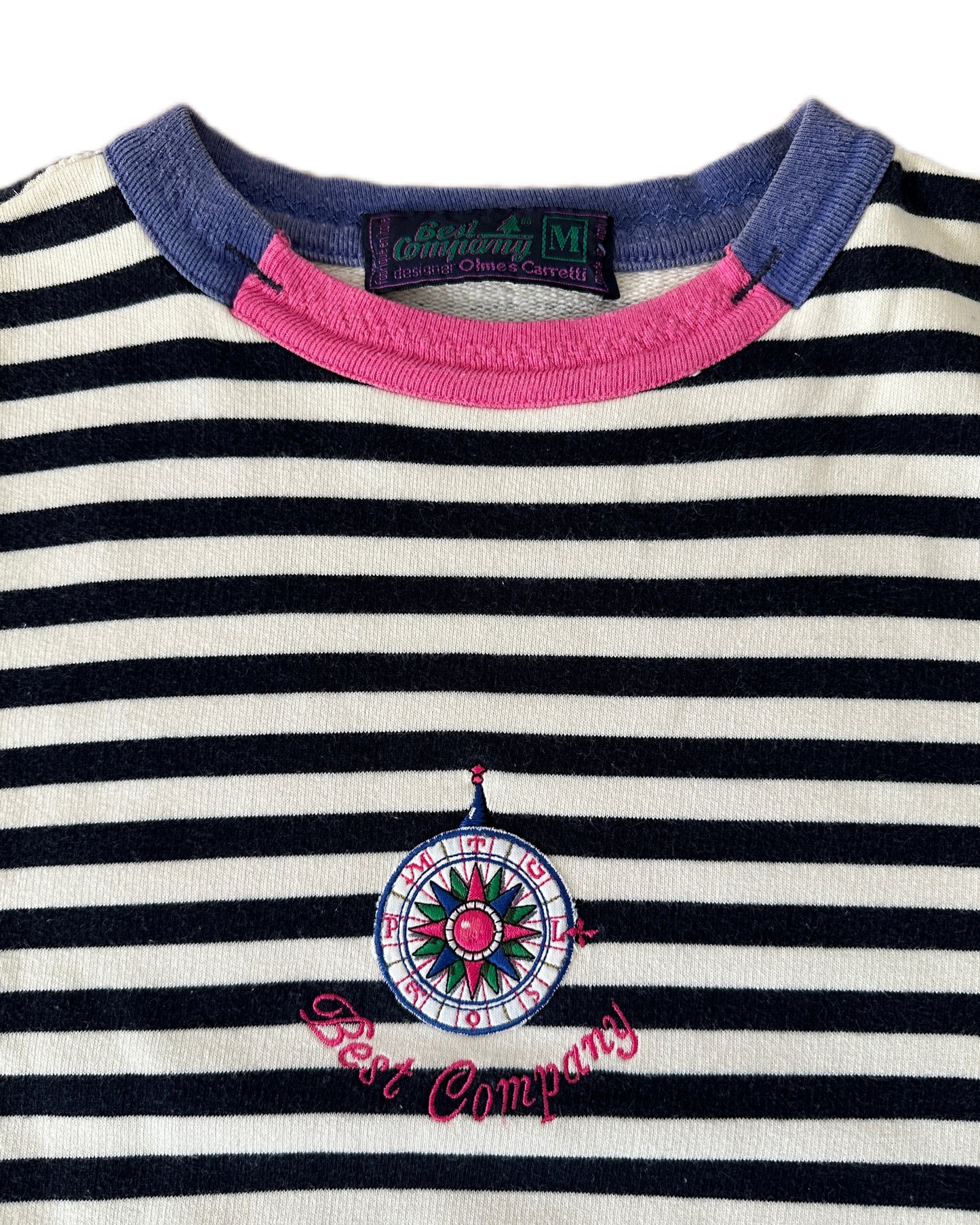 Best Company 1988 Vintage White/Navy Stripe Short Sleeve Compass Sweatshirt - M - Made in Italy