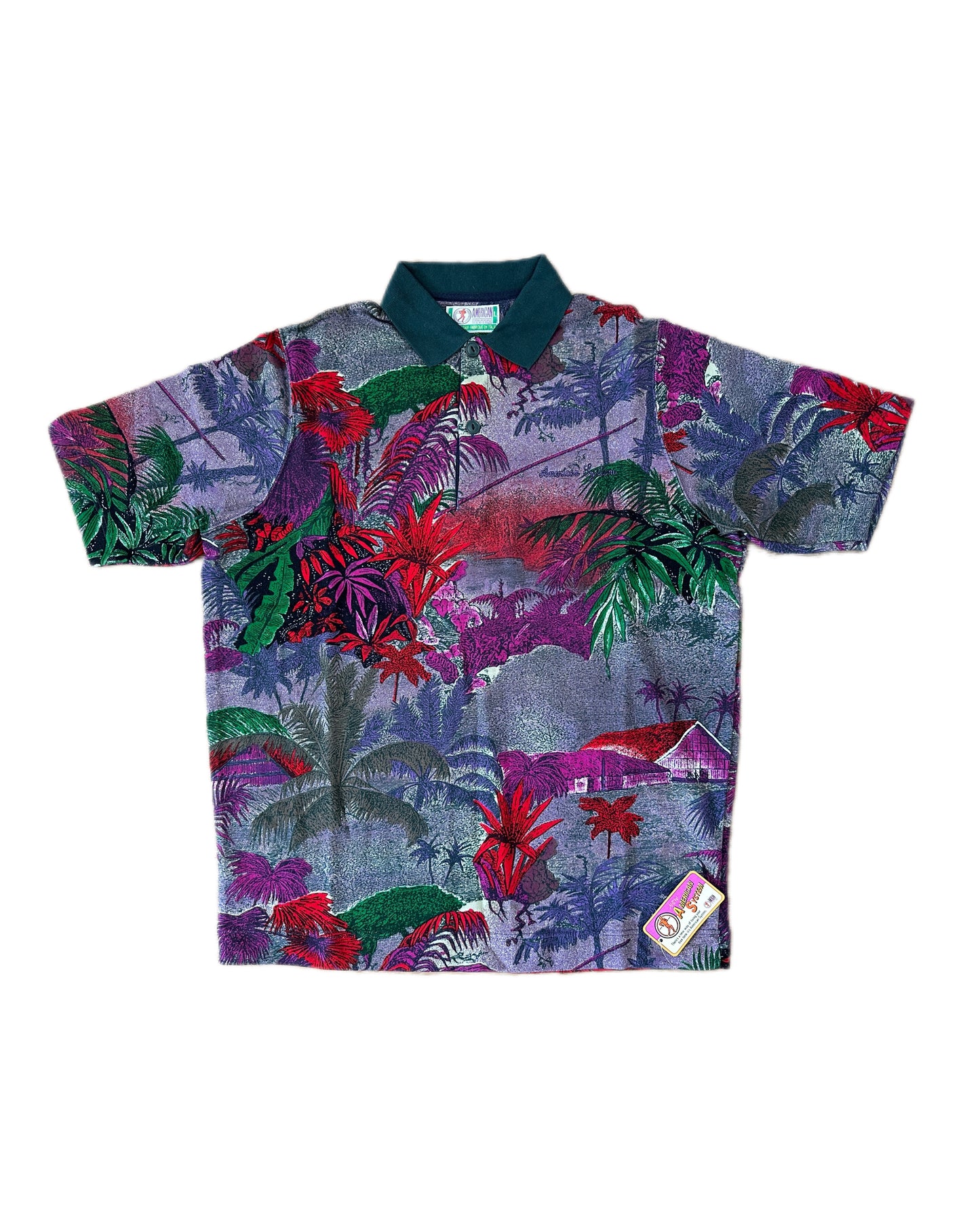 American System Vintage 1987 Floral Allover Print Green Collar Polo Shirt - L - Made in Italy