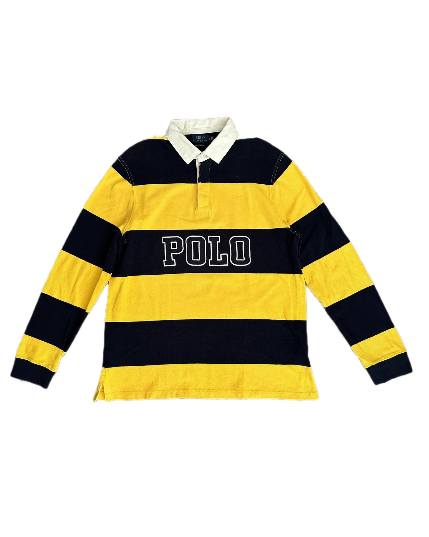 Polo Ralph Lauren 90s Retro Yellow/Navy Cotton Pique Longsleeve Polo Shirt - XL