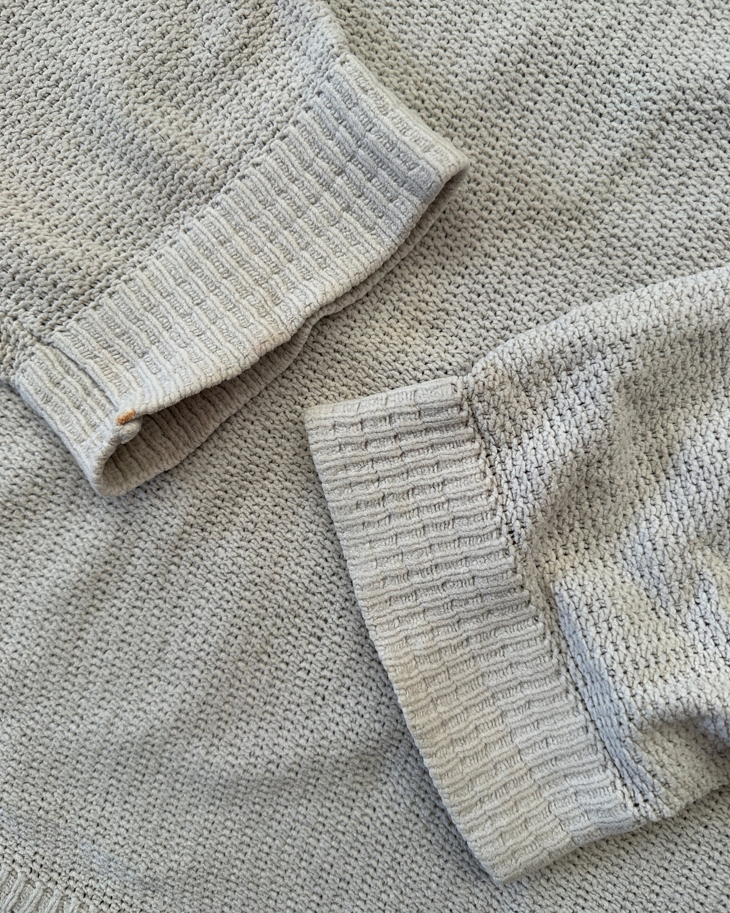 Stone Island 1999 Vintage Green Edge Light Grey Cotton  V-Neck Knit Sweater - XL - Made in Italy