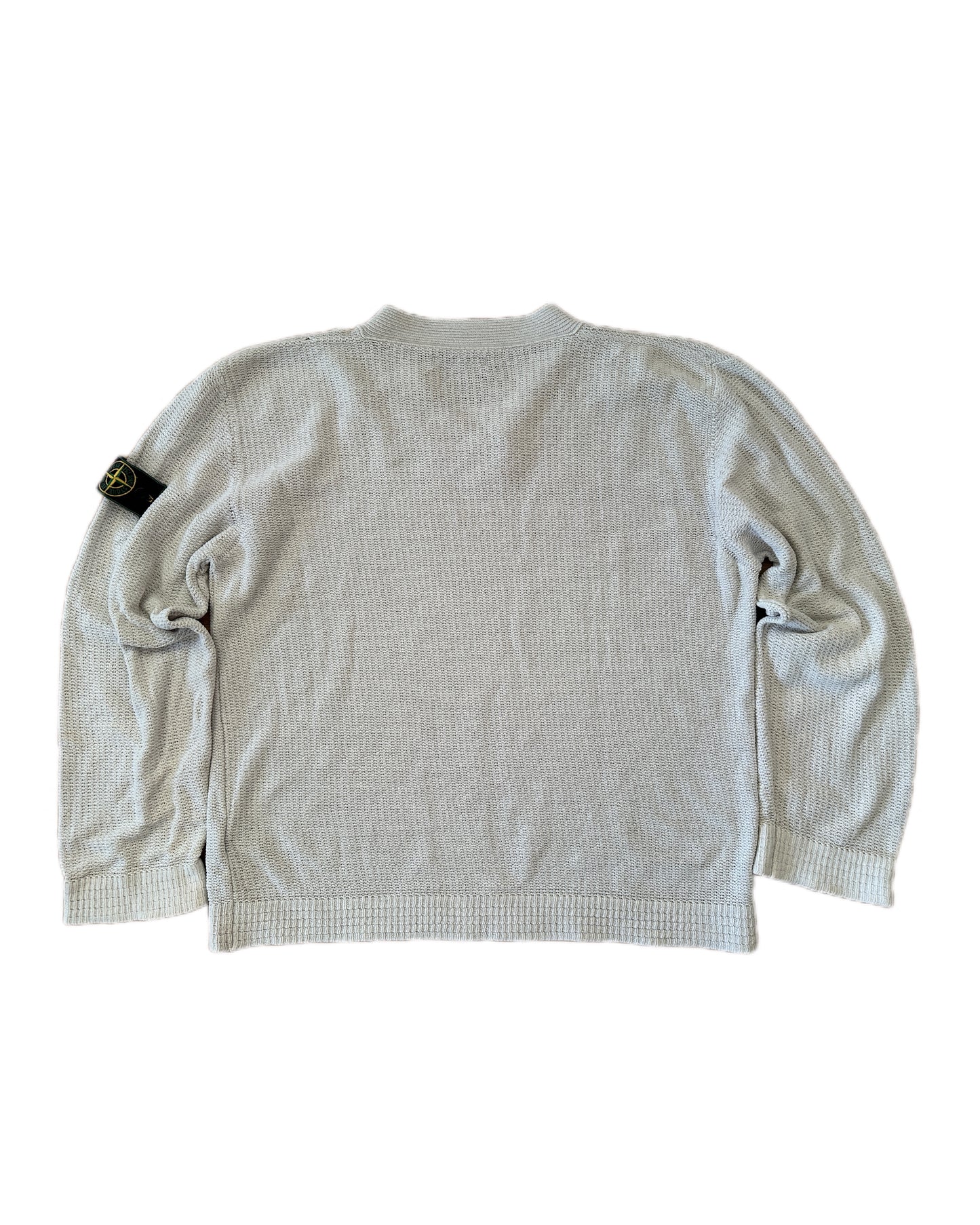 Stone Island 1999 Vintage Green Edge Light Grey Cotton  V-Neck Knit Sweater - XL - Made in Italy