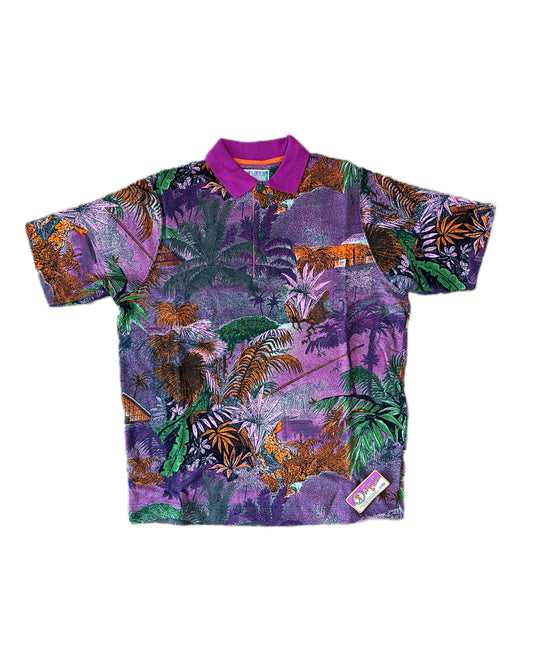 American System Vintage 1987 Floral Allover Print Purple Collar Polo Shirt - L - Made in Italy