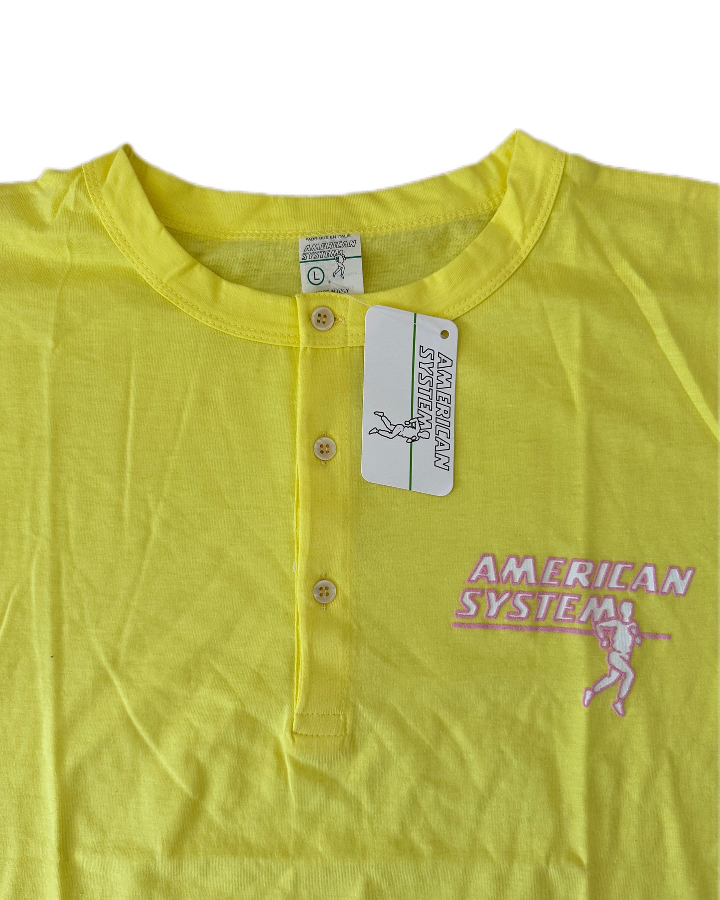 American System 1985 Vintage Yellow Henley T-Shirt BNWT - L - Made in Italy