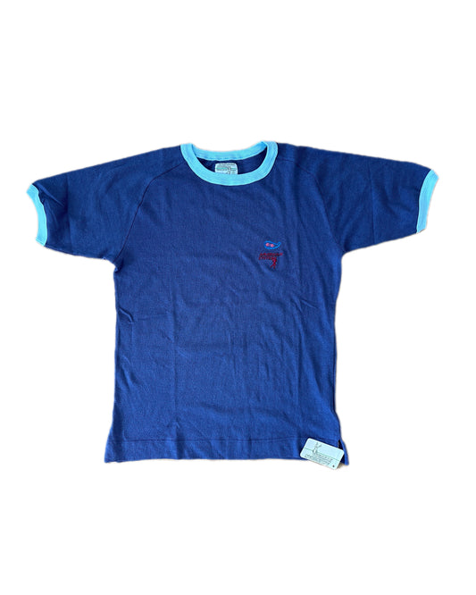 American System 1986 Vintage Midnight Navy Ringer Cotton Knit T-Shirt - M - Made in Italy