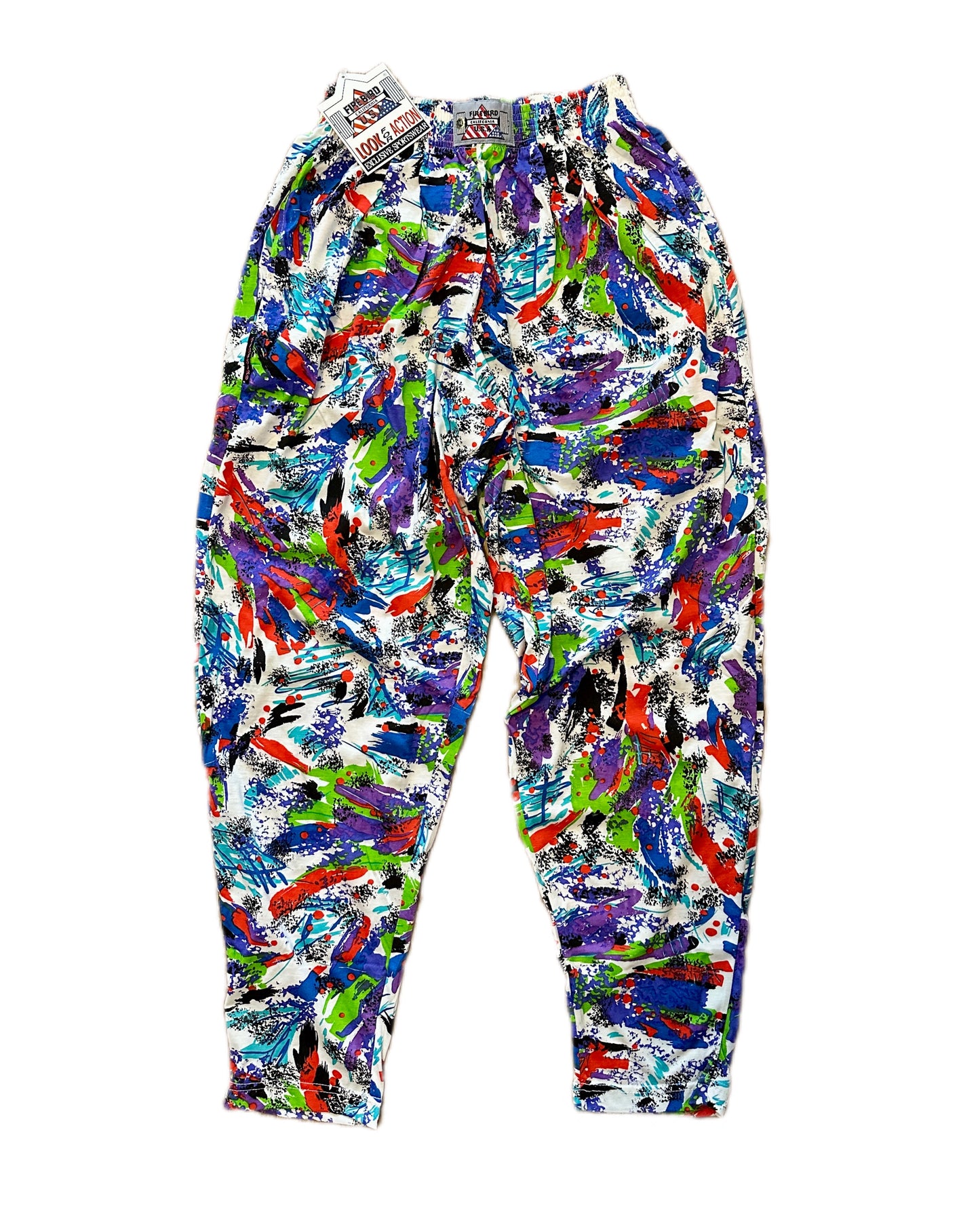 Firebird California USA Vintage 90s Bodybuilding Pants - Vibrant Pattern on White - M