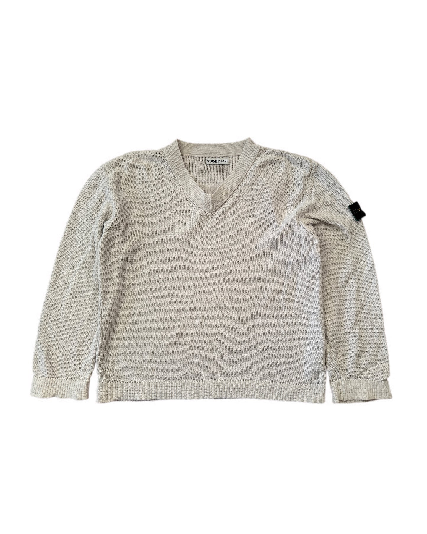 Stone Island 1999 Vintage Green Edge Light Grey Cotton  V-Neck Knit Sweater - XL - Made in Italy