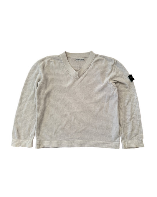 Stone Island 1999 Vintage Green Edge Light Grey Cotton  V-Neck Knit Sweater - XL - Made in Italy