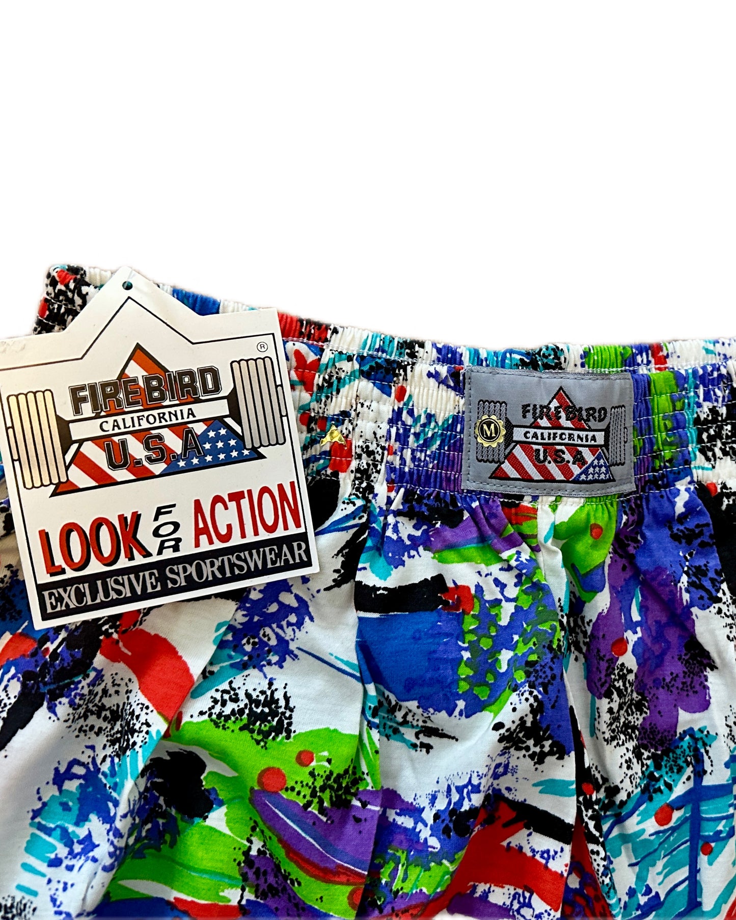Firebird California USA Vintage 90s Bodybuilding Pants - Vibrant Pattern on White - M
