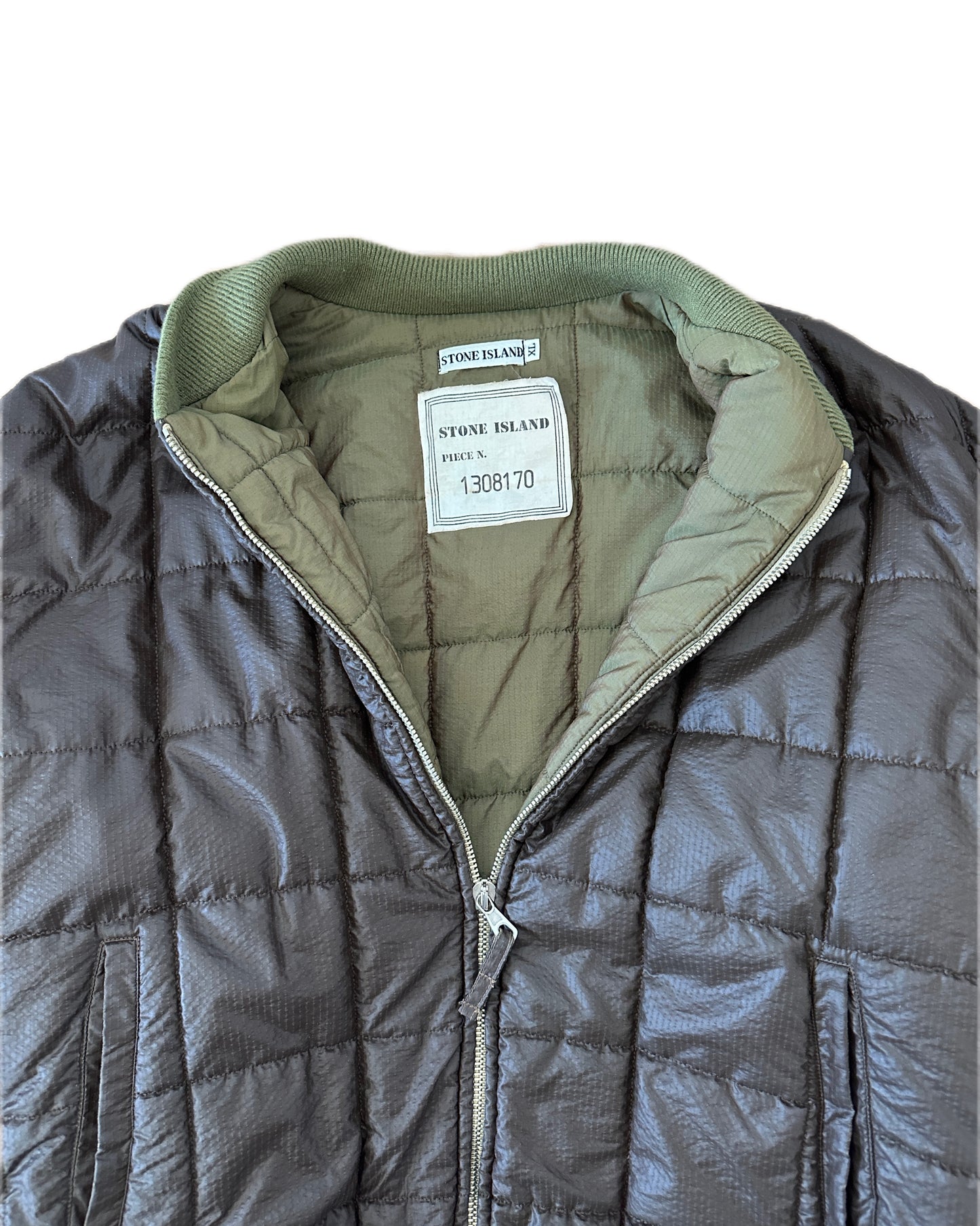 Stone Island 1988 Vintage Brown Nylon Ripstop Down Quilted Bomber Jacket - XL - Made in Italy