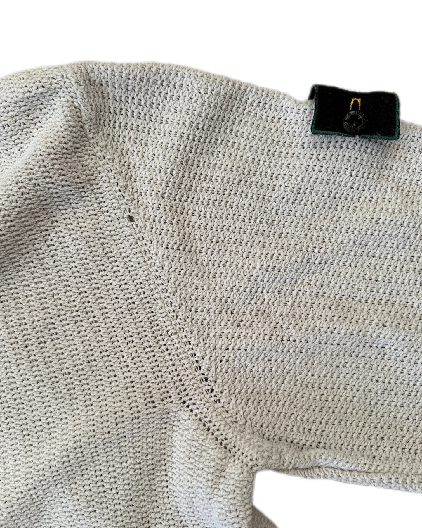 Stone Island 1999 Vintage Green Edge Light Grey Cotton  V-Neck Knit Sweater - XL - Made in Italy