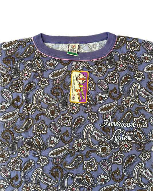 American System Vintage 1987 Purple Paisley Allover Print T-Shirt - L - Made in Italy