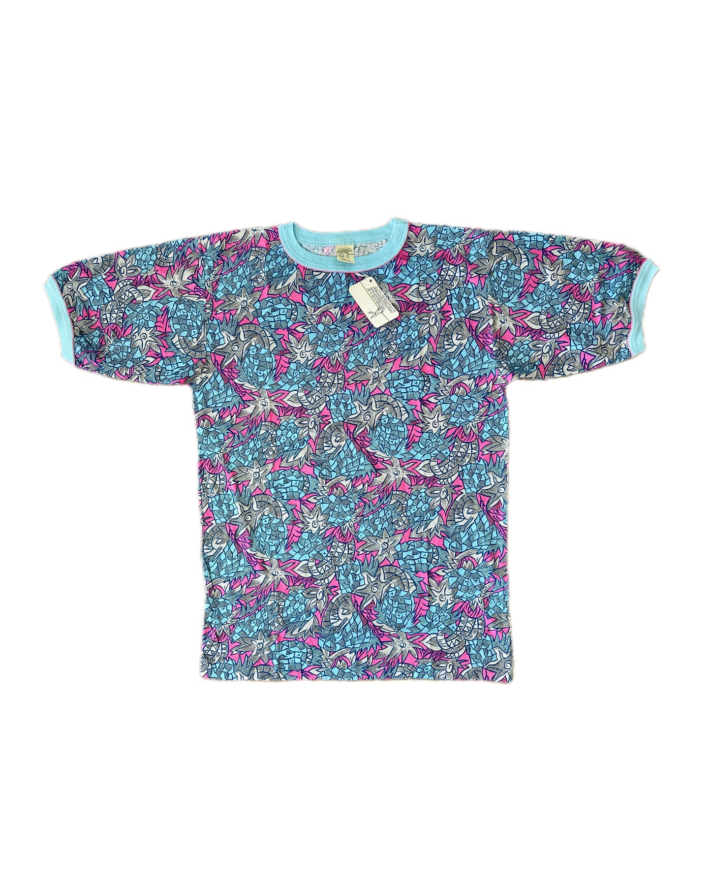 American System 1986 Vintage  Light Blue / Pink Allover Print T-Shirt - L - Made in Italy