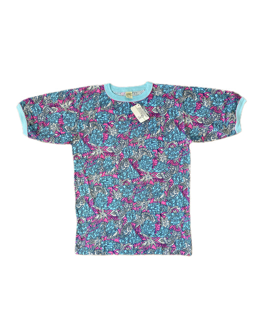 American System 1986 Vintage  Light Blue / Pink Allover Print T-Shirt - L - Made in Italy