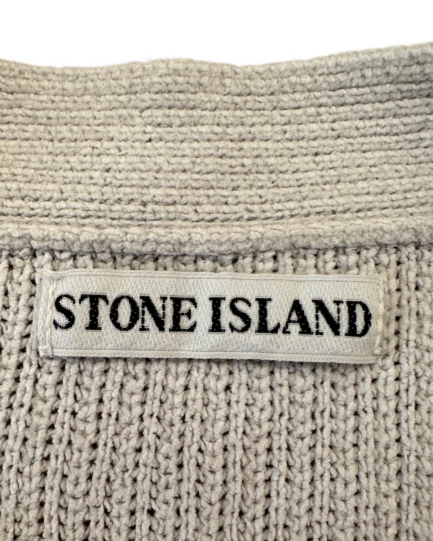 Stone Island 1999 Vintage Green Edge Light Grey Cotton  V-Neck Knit Sweater - XL - Made in Italy