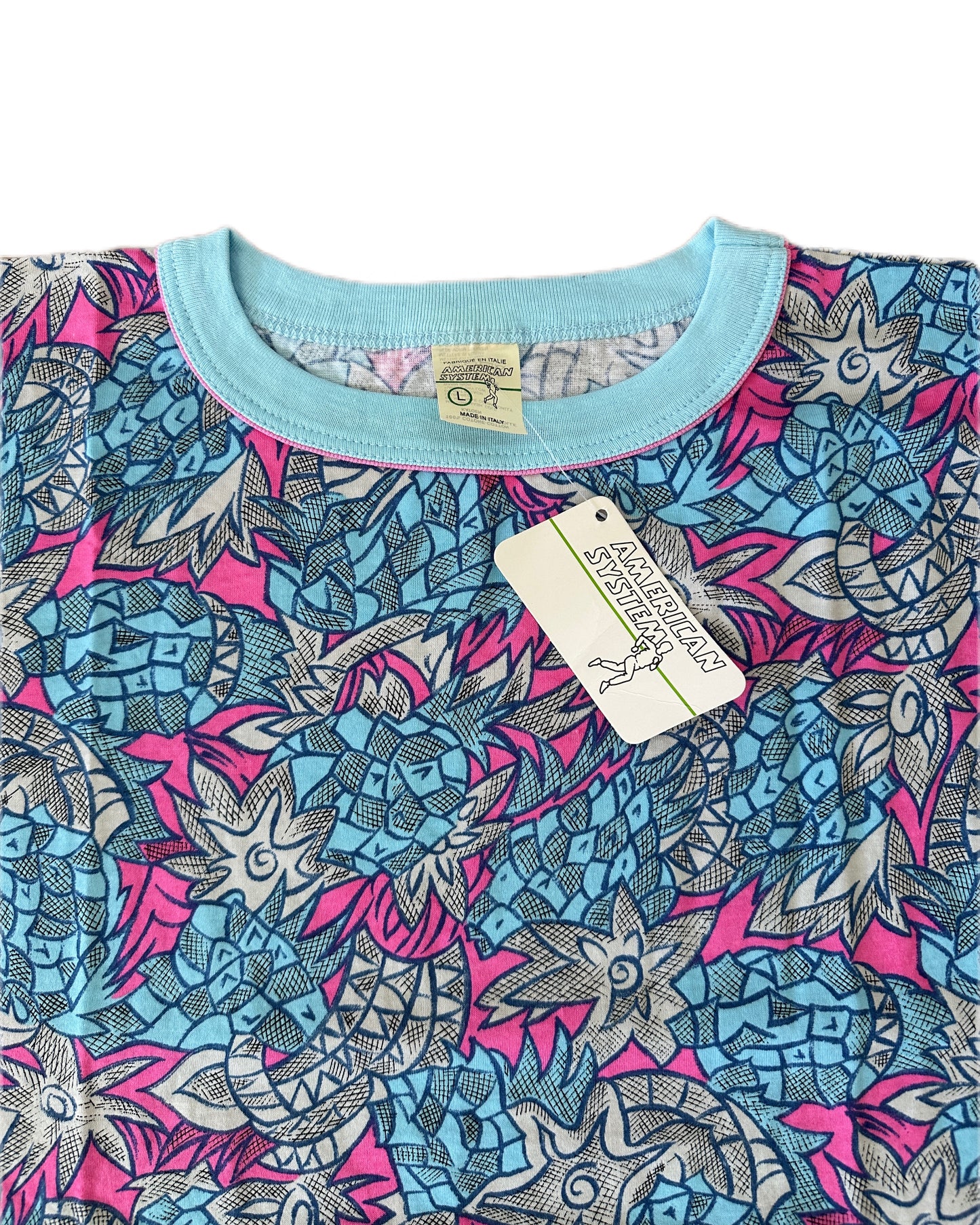 American System 1986 Vintage  Light Blue / Pink Allover Print T-Shirt - L - Made in Italy
