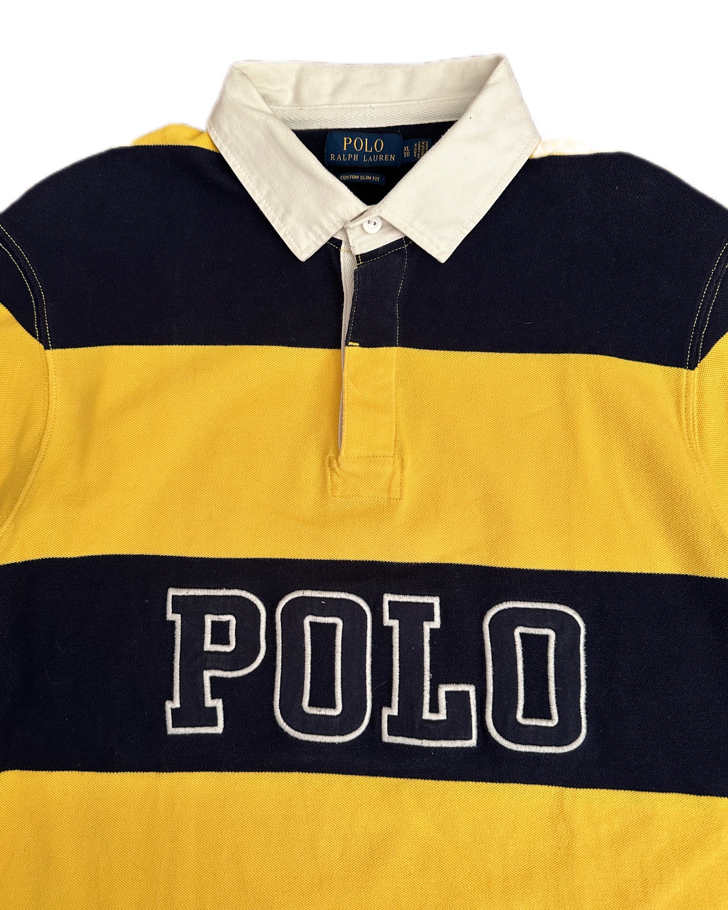 Polo Ralph Lauren 90s Retro Yellow/Navy Cotton Pique Longsleeve Polo Shirt - XL