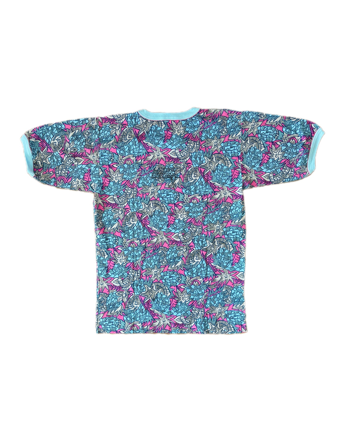 American System 1986 Vintage  Light Blue / Pink Allover Print T-Shirt - L - Made in Italy