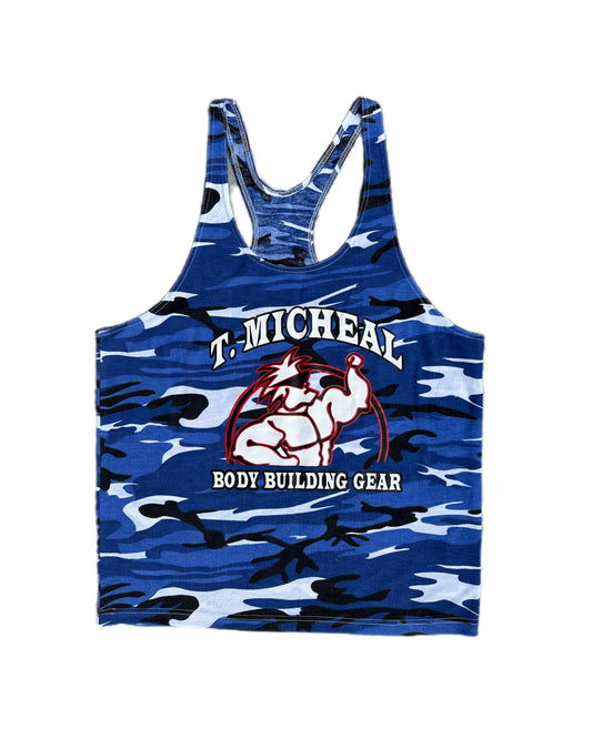 T. Micheal Retro 90s Bodybuilding Stringer Blue Snow Camo Tank Top - XL