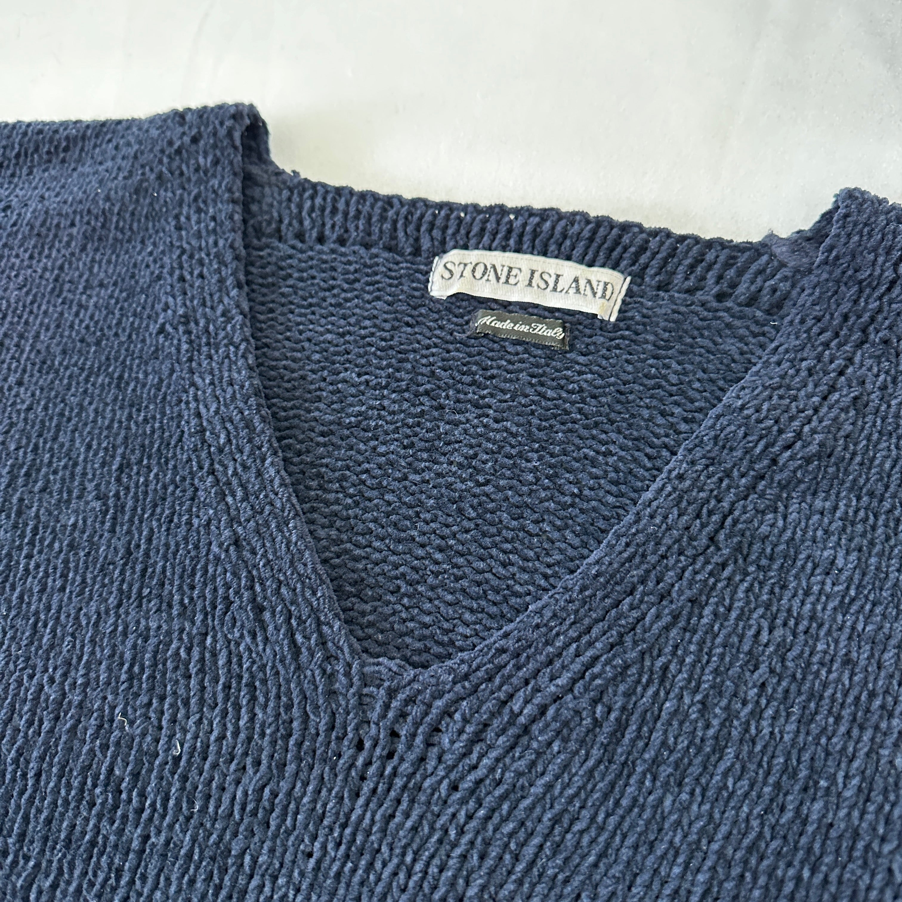 Stone Island 1997 Vintage Chenille V-Neck Cotton Knit Sweater - M 