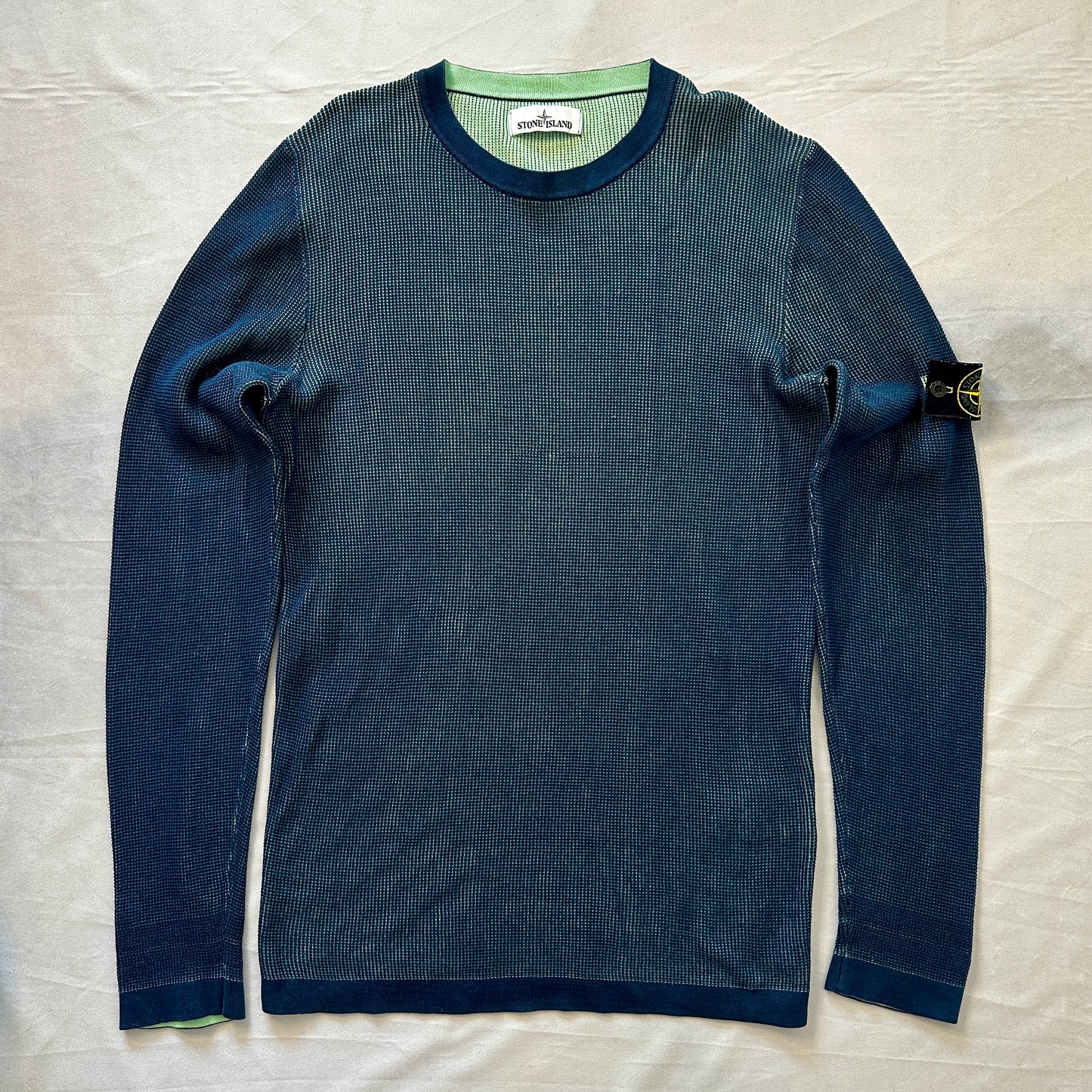 Stone Island 2018 Two-Tone Waffle Cotton Knit Crewneck Sweater - L - Made in Italy